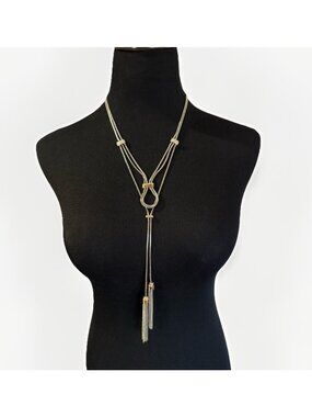 NWT White House Black Market WHBM Silver Tone Lariat Tassel Necklace